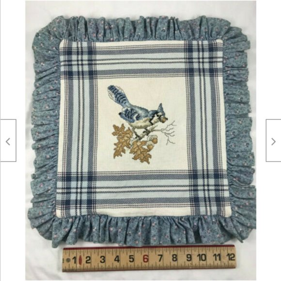 Hand made BLUE JAY Cross Stitched 14" Pillow Cushion Cover Finished Bird Design - Picture 1 of 5